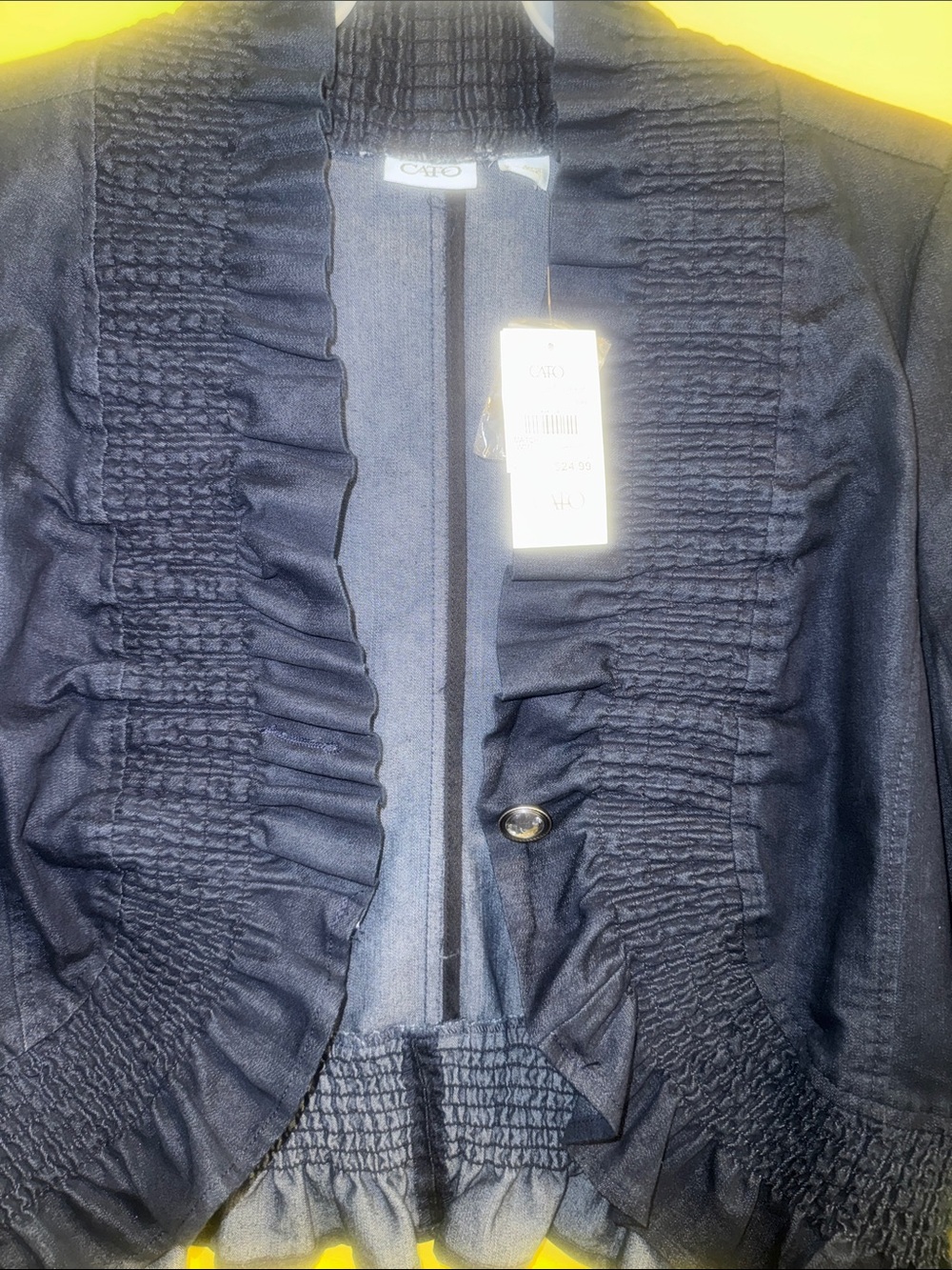 Women’s Denim Ruffled Cropped Jacket - Elegant Evening Coat - Picture 9 of 14